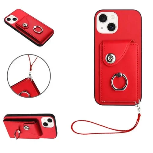 Funda para Teléfono iPhone 14 de PU con Soporte para Anillo y Bolsa para Tarjeta con Cordón (Rojo)