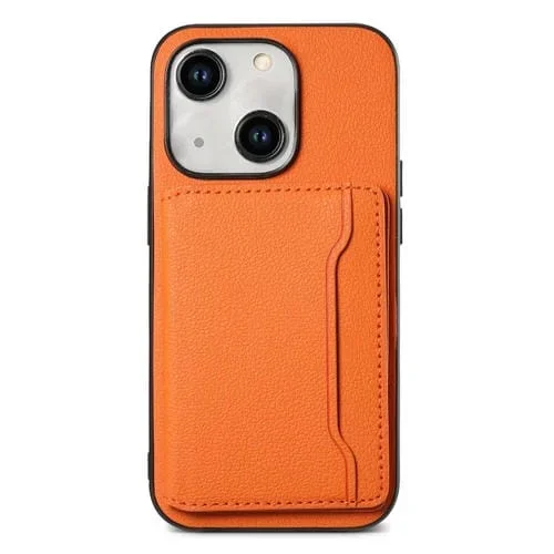Funda para Teléfono iPhone 14 Diseño Bolsa de Tarjeta Textura de Becerro (Naranja)