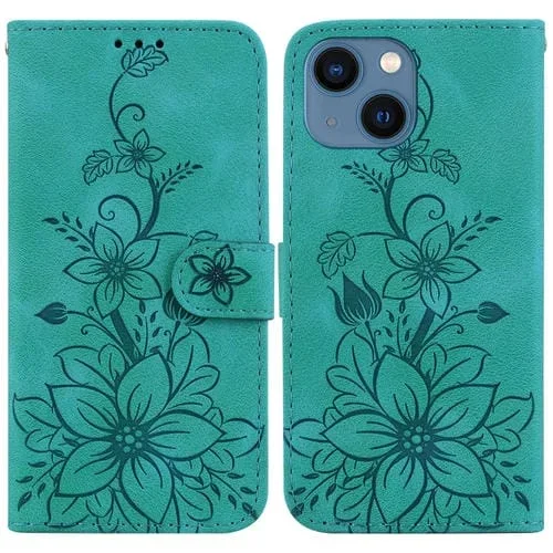 Funda para Teléfono iPhone 14 Lily Cuero En Relieve (Verde)