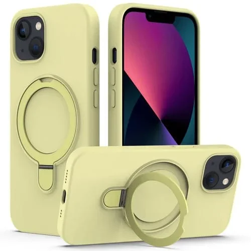 Funda para Teléfono iPhone 14 Magsafe Silicona Líquida Magnética con Soporte para Anillo (Amarillo)