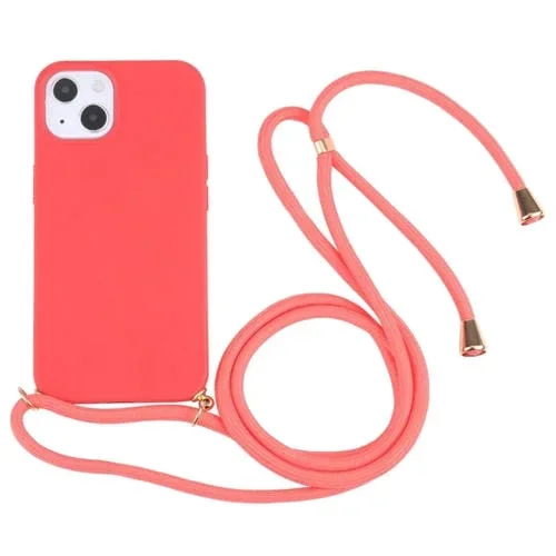 Funda para Teléfono iPhone 14 Material de Paja de Trigo y TPU a Prueba de Golpes con Cordón (Rojo)