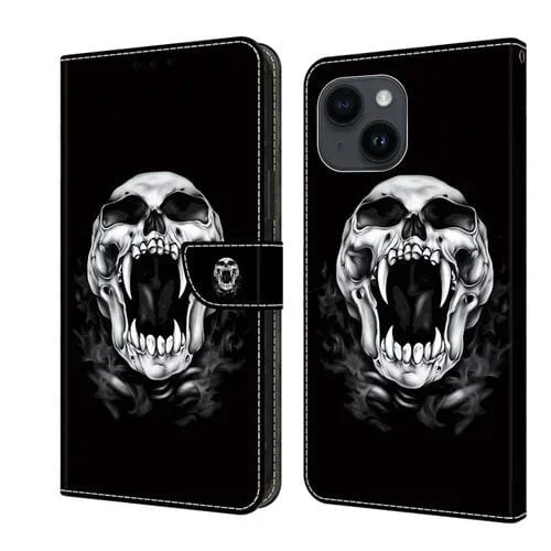 Funda para Teléfono iPhone 14 Plus/15 Plus Cuero Pintado con Cristales Calavera