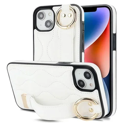 Funda para Teléfono iPhone 14 Plus Antideslizante Cobertura Completa Anillo Pu con Muñequera (Blanco)