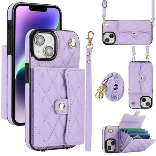 Funda para Teléfono iPhone 14 Plus Cuero con Billetera Horizontal Romboidal Cruzada (Púrpura)
