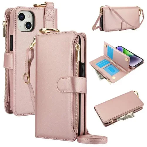 Funda para Teléfono iPhone 14 Plus Cuero con Billetera Multifuncional y Anillo Cruzado (Oro Rosa)