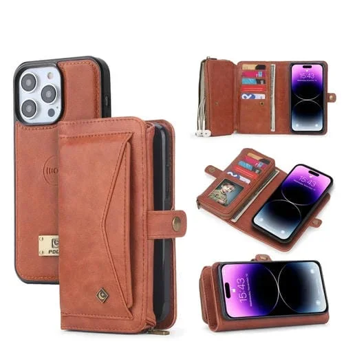 Funda para Teléfono iPhone 14 Plus Cuero con Billetera y Cremallera Multifuncional (Marrón)