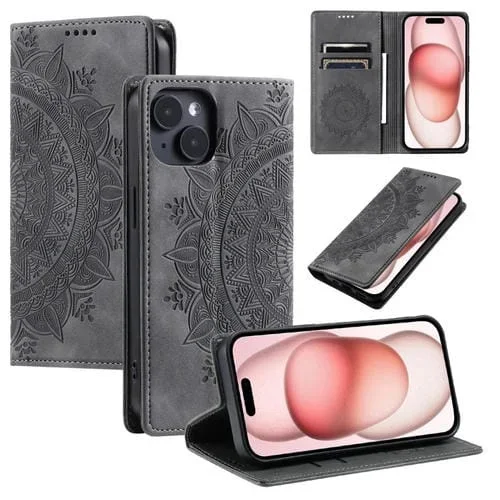 Funda para Teléfono iPhone 14 Plus Cuero Magnético Relieve de Tótem (Gris)