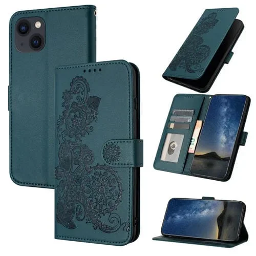 Funda para Teléfono iPhone 14 Plus Cuero Relieve Flor Datura (Verde Oscuro)