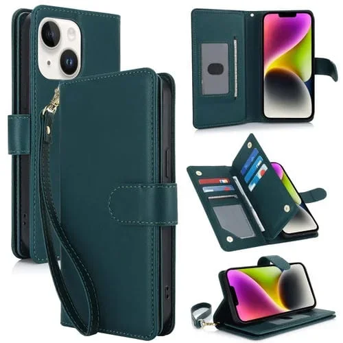 Funda para Teléfono iPhone 14 Plus Cuero Rfid con Billetera MultiTarjeta (Verde)