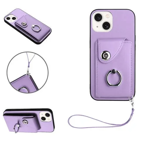 Funda para Teléfono iPhone 14 Plus de PU con Soporte para Anillo y Bolsa para Tarjeta con Cordón (Púrpura)