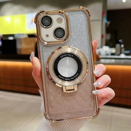 Funda para Teléfono iPhone 14 Plus Magsafe con Brillo Degradado y Soporte Invisible (Dorado)