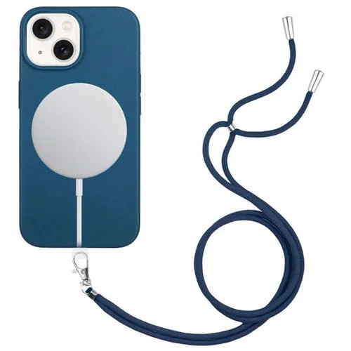 Funda para Teléfono iPhone 14 Plus Material de Paja Magnético Magsafe de Trigo + TPU con Cordón (Azul)
