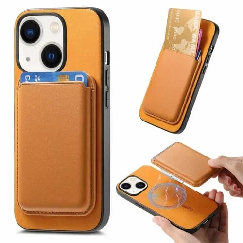 Funda para Teléfono iPhone 14 Plus Retro Magsafe Card Bag PU con Contraportada (Amarillo)