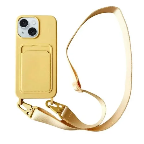 Funda para Teléfono iPhone 14 Plus Silicona Líquida Ranura para Tarjeta y Cordón (Amarillo)