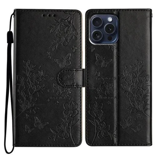 Funda para teléfono iPhone 14 Pro Butterfly Love Flower Cuero En Relieve (Negro)