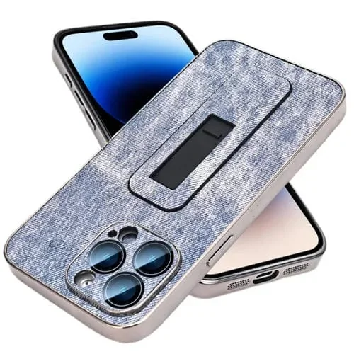 Funda para Teléfono iPhone 14 Pro con Enfriamiento Soporte Push-Pull Galvanizado Patrón de Mezclilla (Azul)