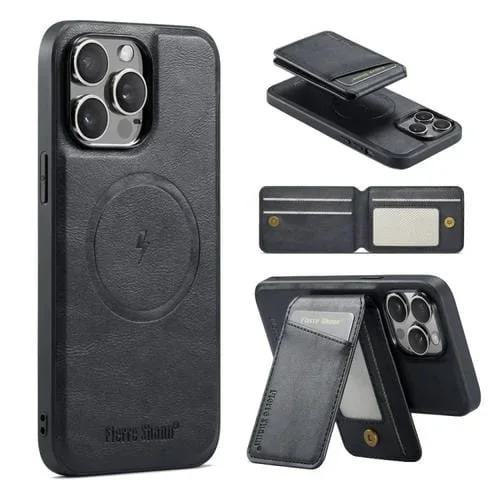 Funda para Teléfono iPhone 14 Pro Fierre Shann Oil Wax con Tarjetero Magnético de Cuero de Vaca (Negro)