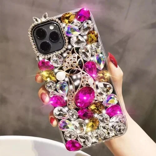 Funda para Teléfono iPhone 14 Pro Fox Hecha a Mano con Diamantes de Imitación y Piedras Preciosas (Púrpura)