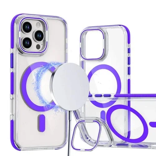 Funda para Teléfono iPhone 14 Pro Magsafe Soporte Abatible TPU Acrílico Transparente Doble Color (Púrpura)