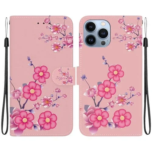 Funda para Teléfono iPhone 14 Pro Max Cuero con Dibujo Coloreado Textura de Cristal (Flores de Cerezo)