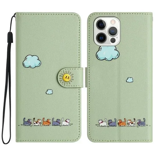 Funda para teléfono iPhone 14 Pro Max Cuero con Gatos de Dibujos Animados (Verde)
