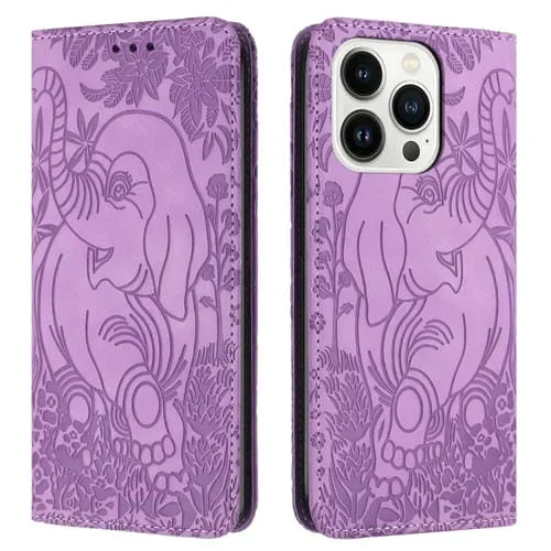 Funda para Teléfono iPhone 14 Pro Max Cuero con Relieve de Elefante Retro (Púrpura)
