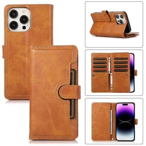 Funda para Teléfono iPhone 14 Pro Max Cuero Ranura para Tarjeta y Pulsera (Marrón)