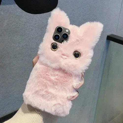 Funda para Teléfono iPhone 14 Pro Max Diseño Gato de Peluche 3D Cobertura Total (Rosa)