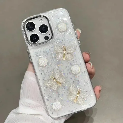 Funda para Teléfono iPhone 14 Pro Max Glitter 3D Butterfly TPU (Dorado)