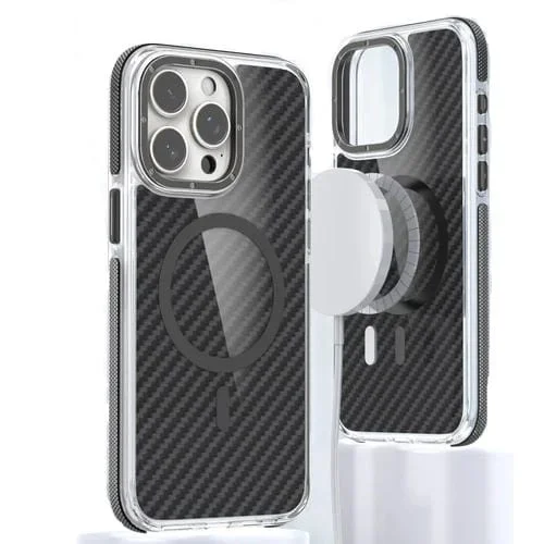 Funda para Teléfono iPhone 14 Pro Max Magsafe Fibra de Carbono Dos Colores (Negro)
