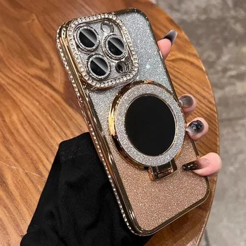 Funda para Teléfono iPhone 14 Pro Max Magsafe Rhinestone Mirror Glitter TPU (Oro Champán)
