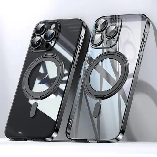 Funda para teléfono iPhone 14 Pro Max Plating PC 360 Ring Holder Magsafe (Negro Transparente)