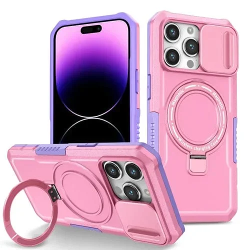 Funda para teléfono iPhone 14 Pro Max Sliding Camshield Magsafe Holder TPU Hybrid (Púrpura Rosa)
