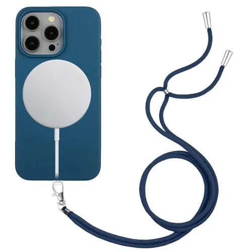 Funda para Teléfono iPhone 14 Pro Max Wheat Magsafe Material de Paja Magnético TPU con Cordón (Azul)
