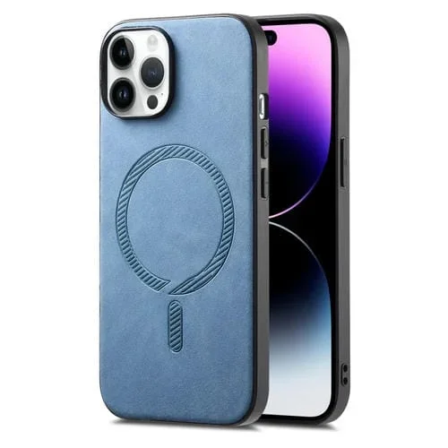Funda para Teléfono iPhone 14 Pro PU Magsafe Contraportada Retro (Azul)