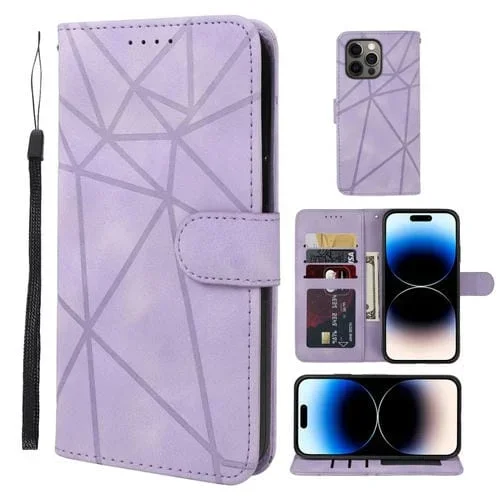 Funda para Teléfono iPhone 14 Pro Skin Feel Cuero Líneas Geométricas (Púrpura)