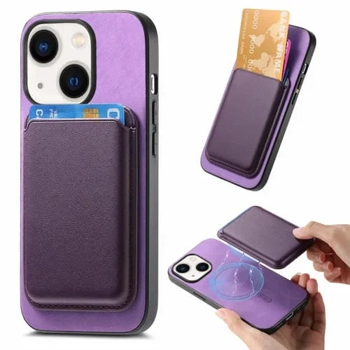 Funda para Teléfono iPhone 14 Retro Magsafe Card Bag Pu con Contraportada (Púrpura)