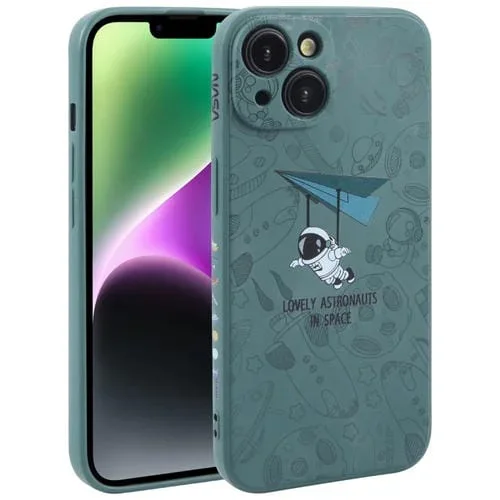 Funda para Teléfono iPhone 14 Silicona Borde Recto Patrón Astronauta (Green)