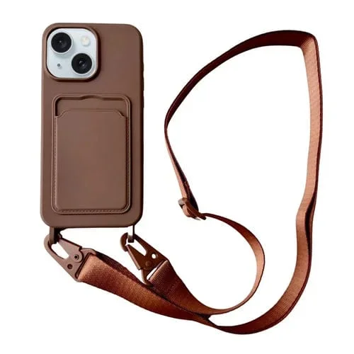 Funda para Teléfono iPhone 14 Silicona Líquida con Ranura para Tarjeta y Cordón (Café)
