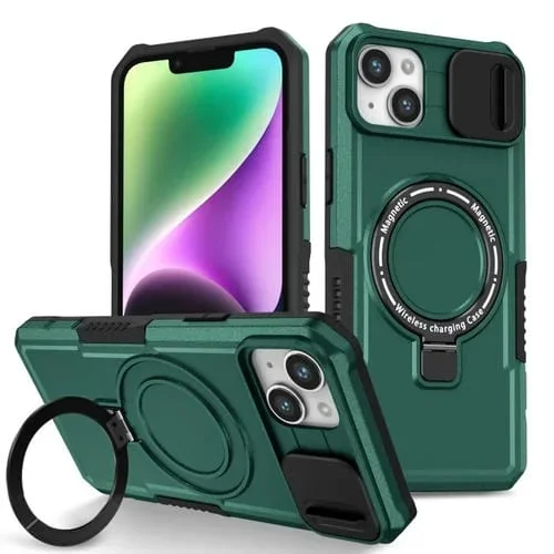 Funda para Teléfono iPhone 14 Sliding Camshield Magsafe Holder TPU Hybrid (Verde Oscuro)