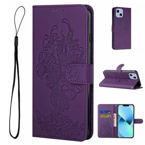 Funda para Teléfono iPhone 14 Tiger Flower Repujado Cuero (Púrpura)