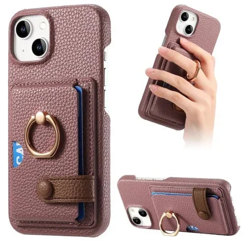 Funda para Teléfono iPhone 15 Borde de Aceite Cuero Litchi Parte Posterior Tarjeta (Albaricoque Azufaifo)