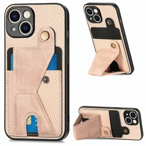 Funda para Teléfono iPhone 15 con Soporte en Forma de K y Billetera de Fibra de Carbono (Caqui)