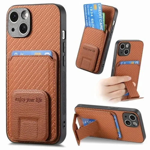 Funda para Teléfono iPhone 15 con Soporte Plegable y Bolsa para Tarjetas Fibra de Carbono (Marrón)