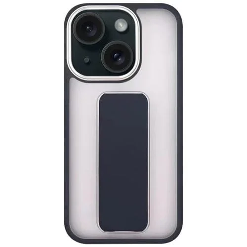 Funda para Teléfono iPhone 15 con Soporte y Correa para Muñeca Revestimiento Piel (Azul Marino)