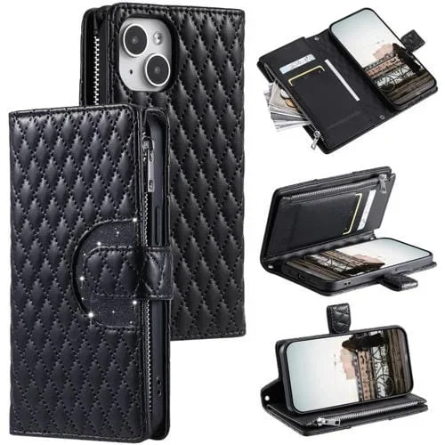 Funda para Teléfono iPhone 15 Cuero con Billetera Cremallera Celosía Purpurina (Negro)