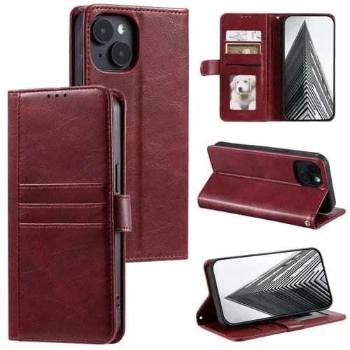 Funda para Teléfono iPhone 15 Cuero con Billetera para 6 Tarjetas (Rojo Vino)