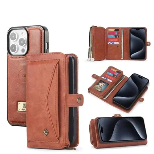 Funda para Teléfono iPhone 15 Cuero con Billetera y Cremallera Multifuncional (Marrón)