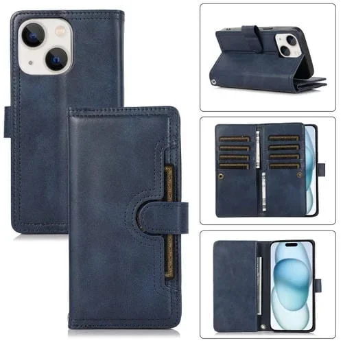 Funda para Teléfono iPhone 15 Cuero con Ranura para Tarjeta y Pulsera (Azul)