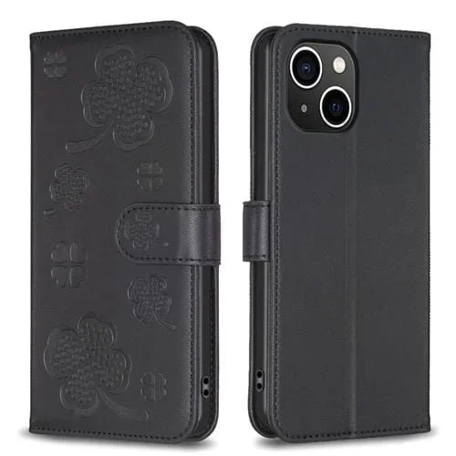 Funda para Teléfono iPhone 15 Cuero En Relieve de Cuatro Hojas (Negro)